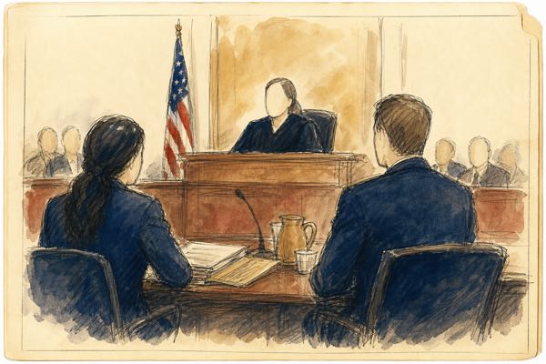 Court-sketch illustration of a courtroom hearing