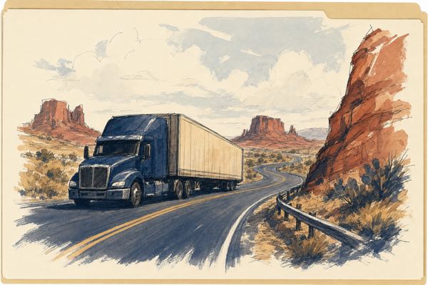 Court-sketch illustration of a truck on a desert interstate