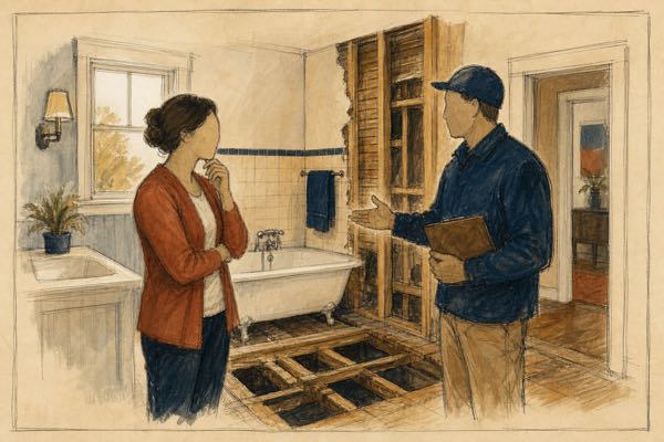 Court-sketch illustration of a homeowner and contractor mid-dispute