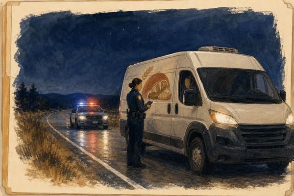 Court-sketch illustration of a nighttime traffic stop