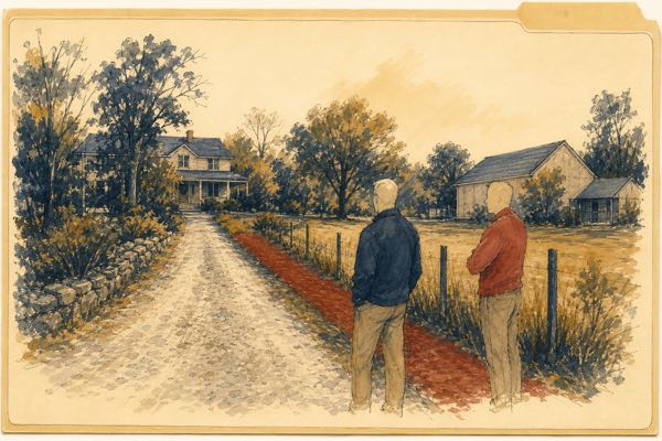 Court-sketch illustration of neighbors at a disputed property line