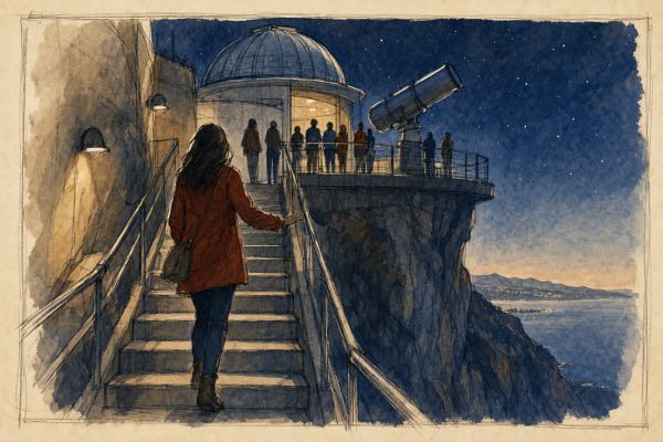 Court-sketch illustration of an observatory stairway at night